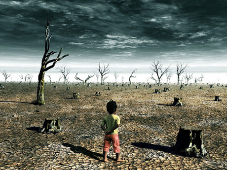 Un niño en un campo desolado por el cambio climático