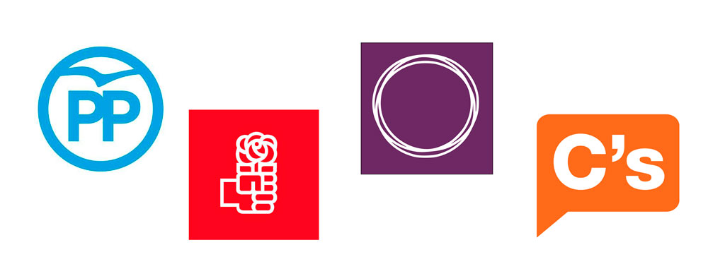 Logos de los partidos políticos de PP, PSOE, Podemos y Ciudadanos