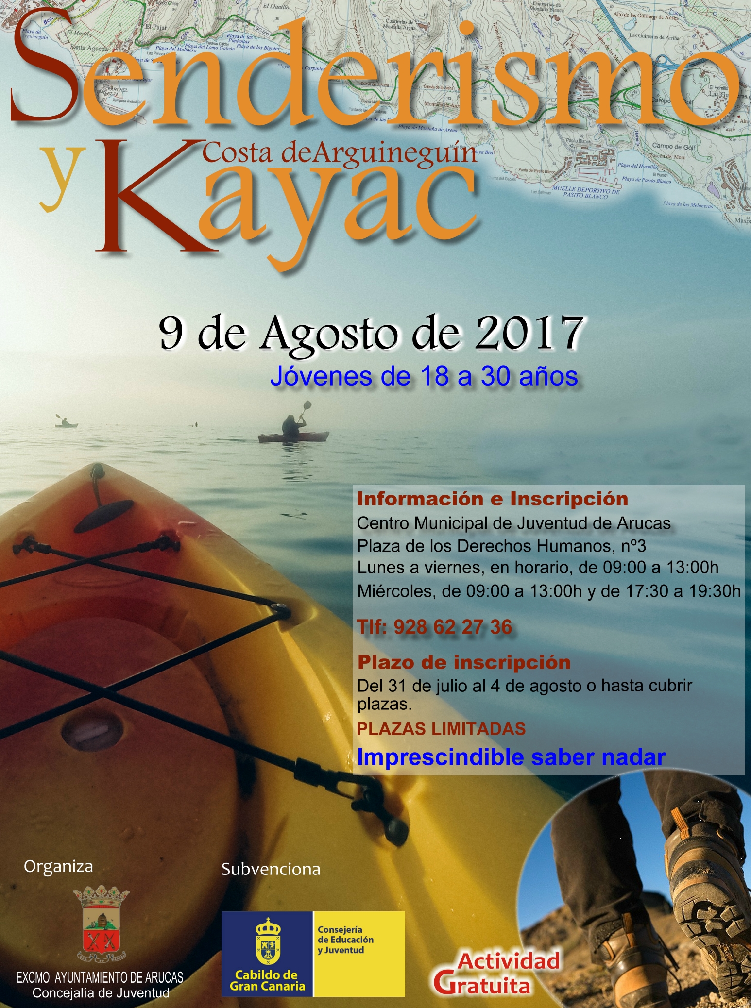 Cartel de senderismo y kayac en Arguineguín