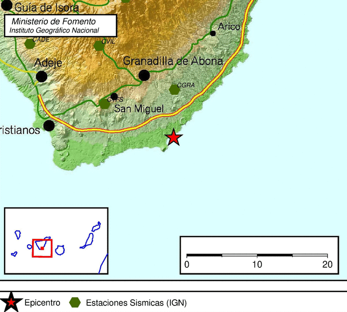 epicentro del terremoto en el sur de Tenerife