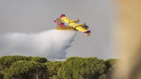 Un hidroavión soltando agua