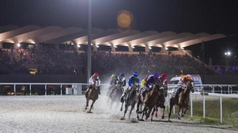 Caballos en una carrera nocturna en el hipódromo de la Zarzuela de Madrid