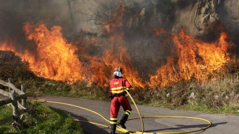 Un bombero en un incendio en el campo