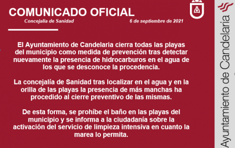 Comunicado oficial del Ayuntamiento de Candelaria del cierre de las playas del municipio 