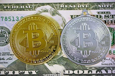 billetes de dólar y monedas Bitcoin